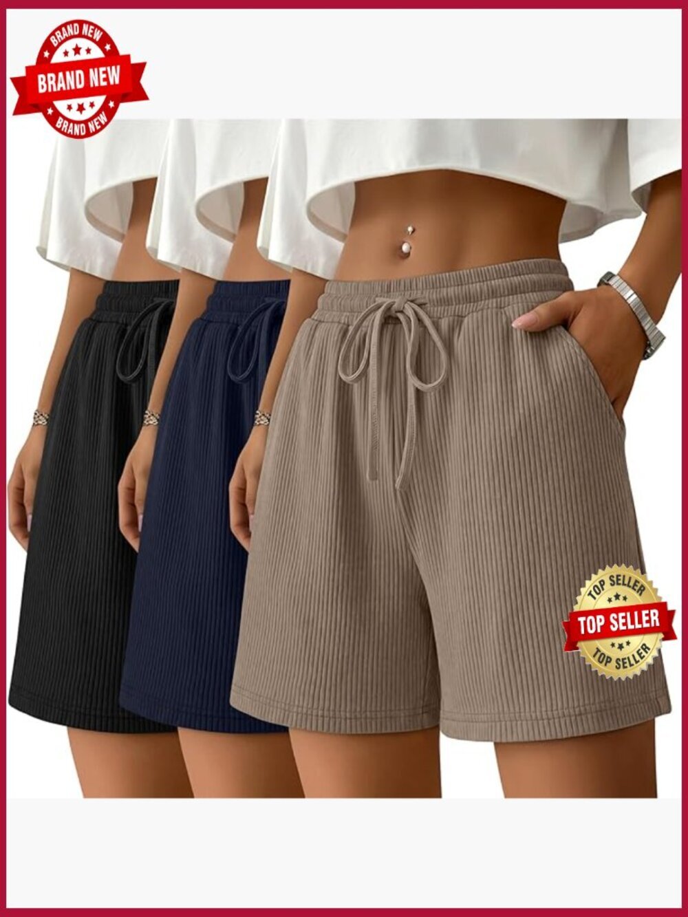3 Pack Ribbed Knit Sweat Shorts with Pockets Elastic Waist Loose Fit